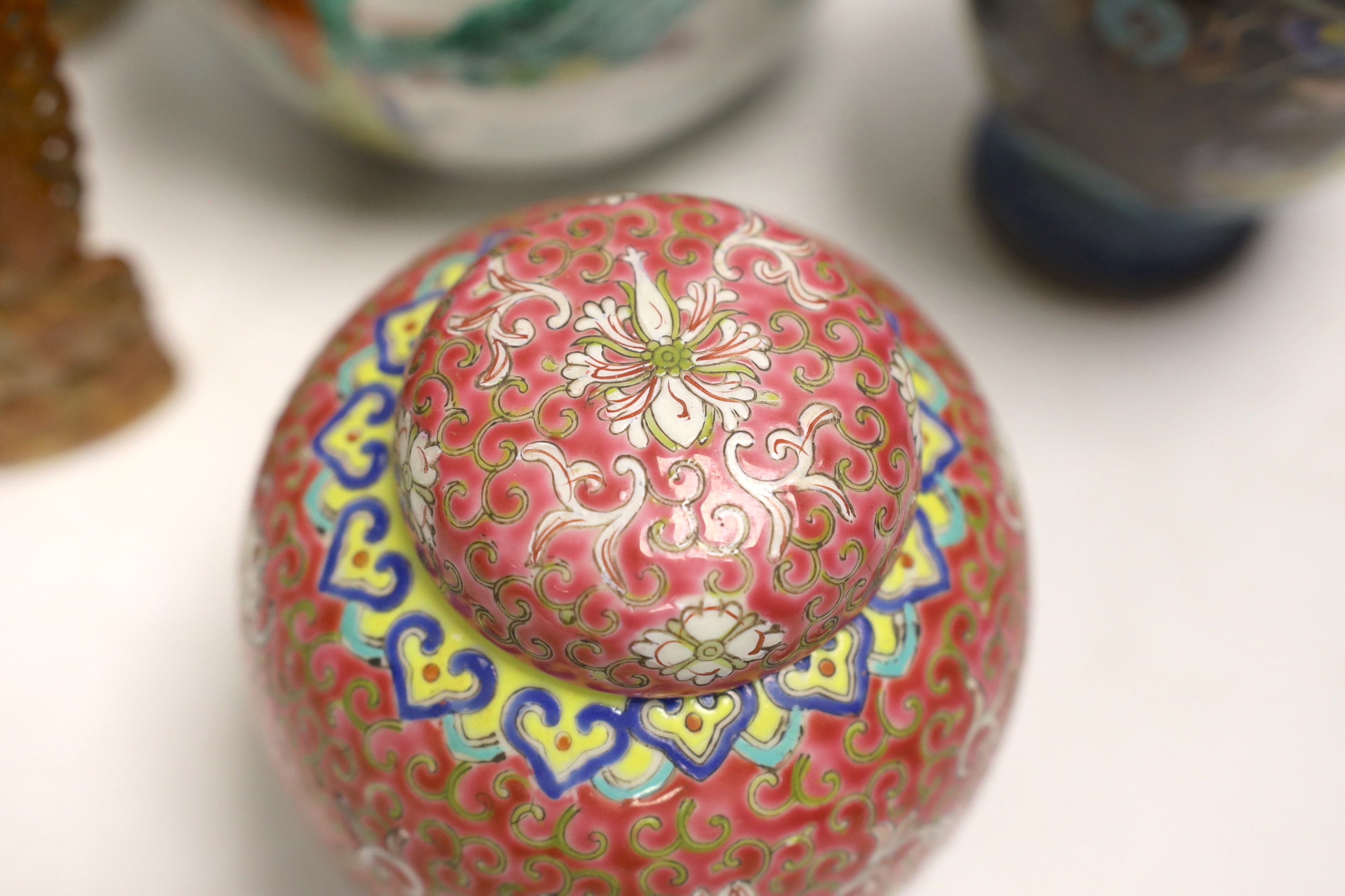 A Chinese famille verte crackle glaze vase, a jar, a cloisonné enamel dragon vase, another enamelled jar and cover and a soapstone vase, largest 25cm high